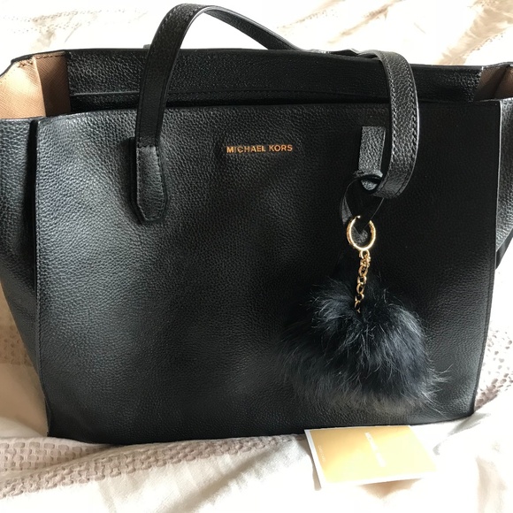MICHAEL Michael Kors Handbags - Michael Kors Black Leather Purse Tote with Fur Pom Pom